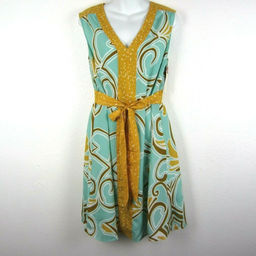MERONA Boho Print Dress Aqua Mustard NEW 14